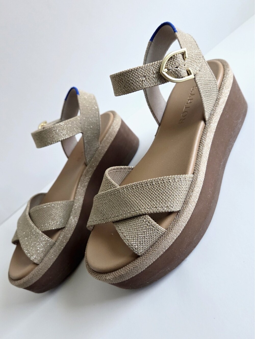 Rothy's Criss-Cross Metallic Gold/ Tan & Camel Platform Sandals, Size 6 - Picture 11 of 16